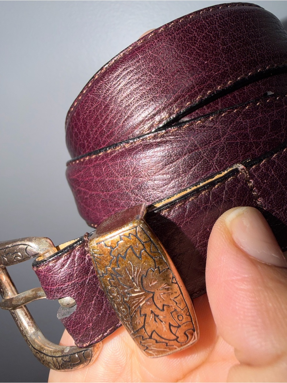Full Grain Cowhide Leather Belt 36 Burgundy Silver Tone Buckle USA Style - Picture 2 of 7